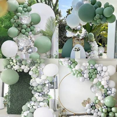 Premium Sage Green, Confetti, and Silver Balloon Arch with Giant Balloons