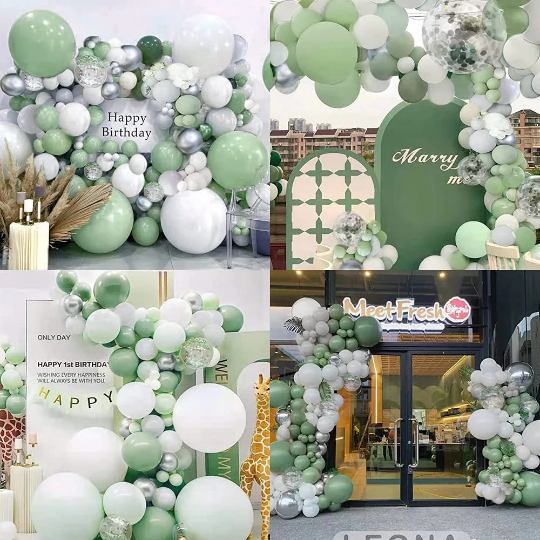 Premium Double Layered Sage Green, Confetti, and Silver Balloon Arch