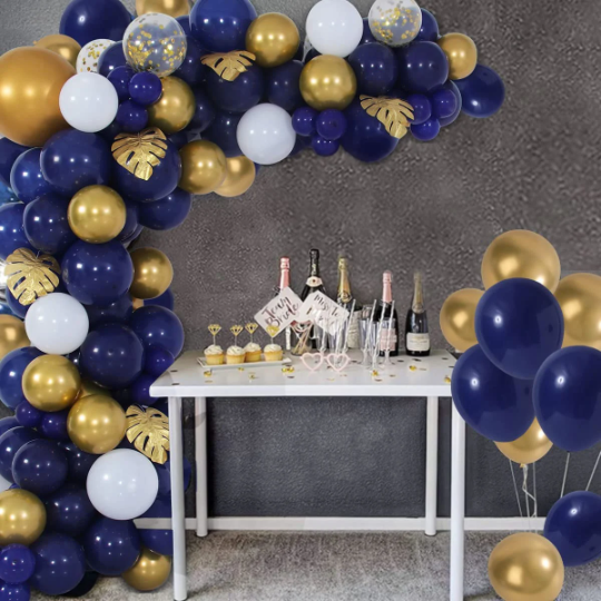 Navy Blue, White and Gold Latex Party Balloon Garland with Gold Leaves