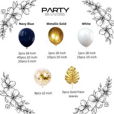 Navy Blue, White and Gold Latex Party Balloon Garland with Gold Leaves