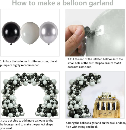 DIY Black, Silver Grey Balloon Garland Kit with Giant Black Balloon