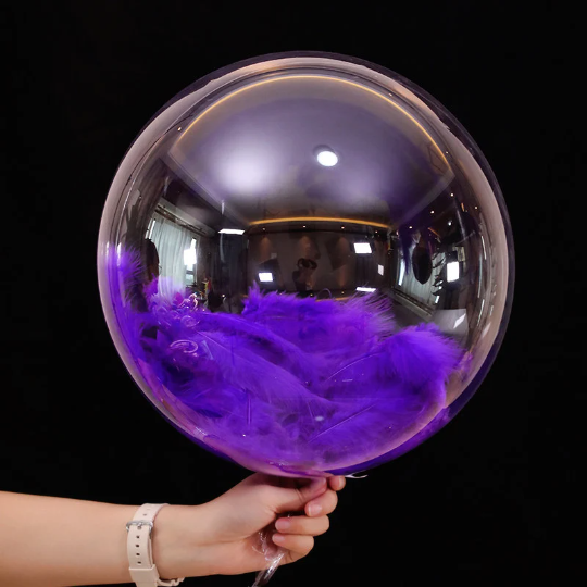 Transparent 24" Crystal Clear Latex Balloon with Feathers - Partyshakes Purple Balloons