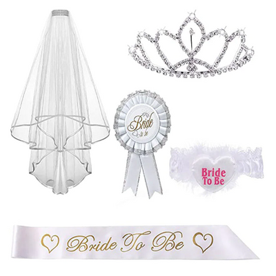 Bride to Be Veil, Floral Sash, Garter, Rosette & Tiara, Veil on Comb, Bride Kit