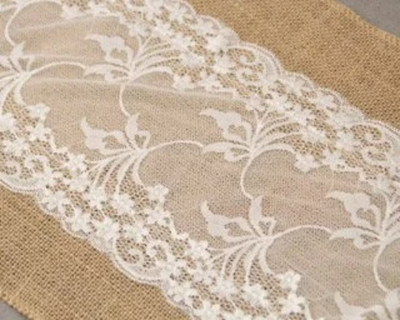 Rustic Burlap Table Runner with White Lace Decorations