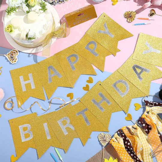 Gold and Silver Glitter Happy Birthday Banner