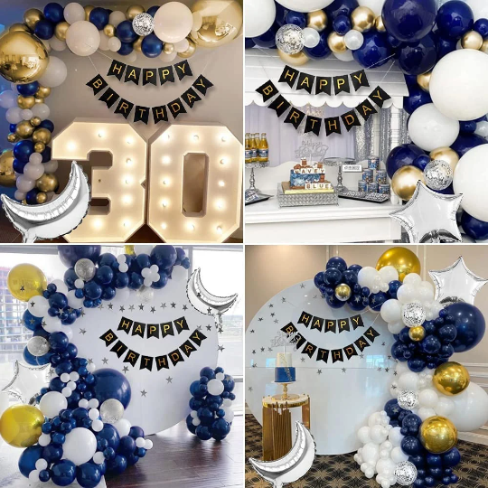 Navy Blue, White and Gold Latex Party Balloon Garland with Silver Foil Moon Balloons