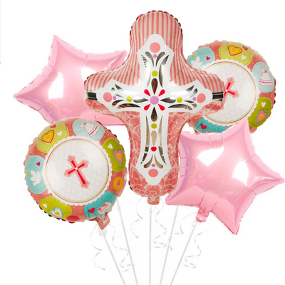 5pcs Boy or Girl Christening Balloon Set in Blue or Pink, Foil Banner Baptism - Partyshakes Pink with Star Foil Christening Balloon
