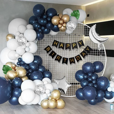 Navy Blue, White and Gold Latex Party Balloon Garland with Silver Foil Moon Balloons
