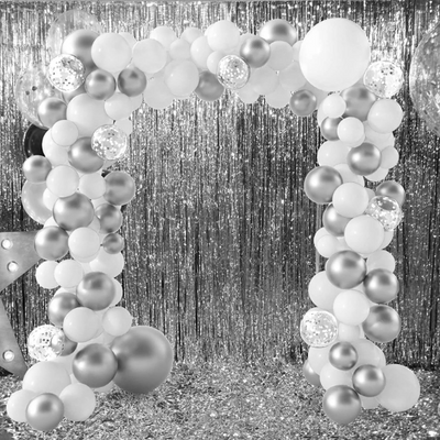 DIY White and Silver Confetti Balloon Garland Arch with an 18-inch Chrome Balloon