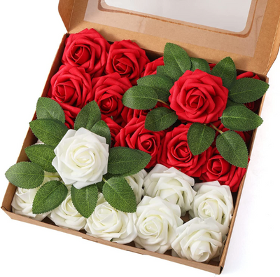 25pcs Red and White Artificial Flower Combo Box Set for Wedding Bouquets
