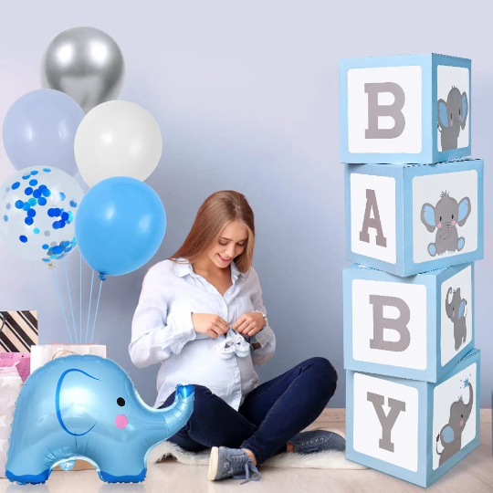 4pcs White and Blue Elephant Baby Blocks, Baby Shower Boxes
