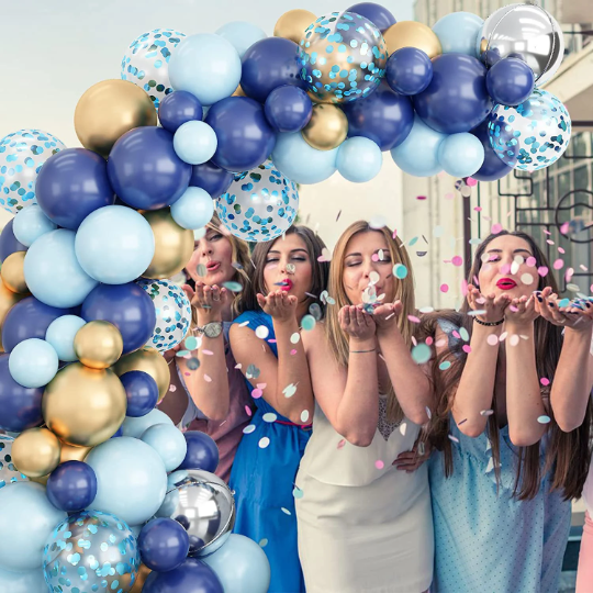 Macaron Blue, Blue, and Gold Latex Party Balloon Garland with Gold Confetti Balloons
