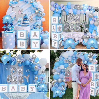 4pcs White and Blue Elephant Baby Blocks, Baby Shower Boxes - Partyshakes Baby Blocks