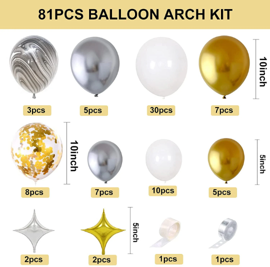 81pcs Gold, White and Silver Balloon Garland Kit