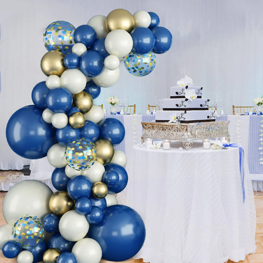 Navy Blue, Sand White and Gold Party with Blue Confetti Balloon Garland