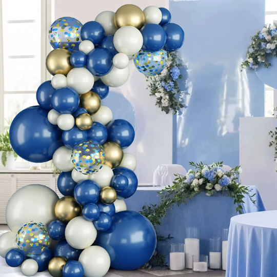 Navy Blue, Sand White and Gold Party with Blue Confetti Balloon Garland