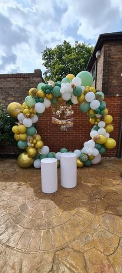 Gold, White and Sage Green and Balloon Arch with Giant White Balloon