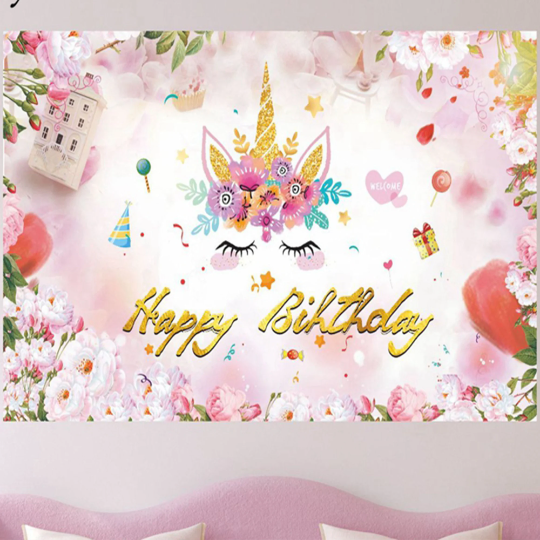 Pink Unicorn Happy Birthday Backdrop Banner