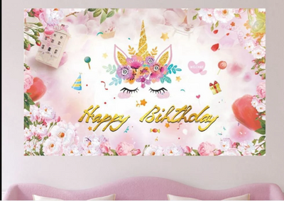 Pink Unicorn Happy Birthday Backdrop Banner