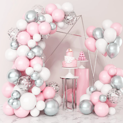 Pink, Silver and White Pastel Latex Balloon Garland Arch Kit with Silver Confetti Balloons - Partyshakes Balloons