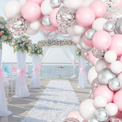 Pink, Silver and White Pastel Latex Balloon Garland Arch Kit with Silver Confetti Balloons