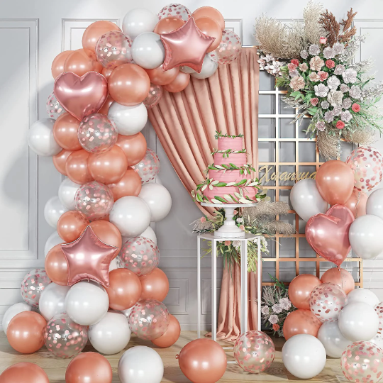 Rose Gold Latex Party Decoration Set with Heart and Star Foil Balloons