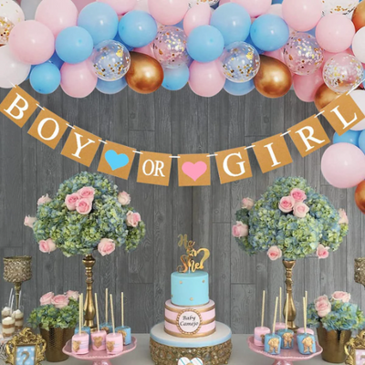 Gender Reveal Balloon Garland with Giant Boy Or Girl Banner and Giant Black Gender Reveal Balloon