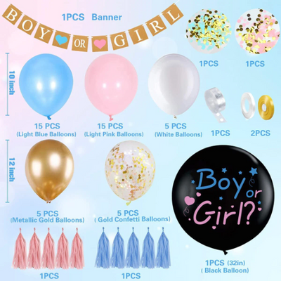 Gender Reveal Balloon Garland Arch with Giant Boy Or Girl Banner and Giant Black Gender Reveal Balloon