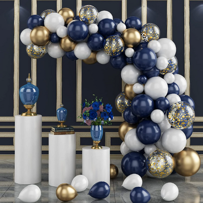 Navy Blue, White and Gold Latex Party Balloon Garland with Gold Confetti Balloons