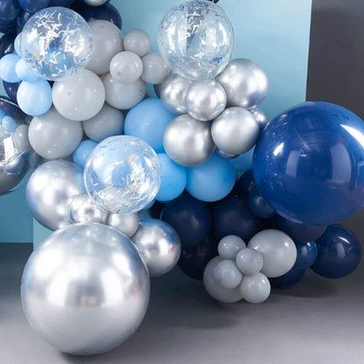 Navy Blue and Silver Party Balloon Garland with Silver Confetti Balloons