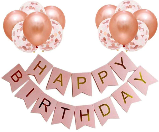 Rose Gold and Pink Happy Birthday Banner with Rose Gold Balloons