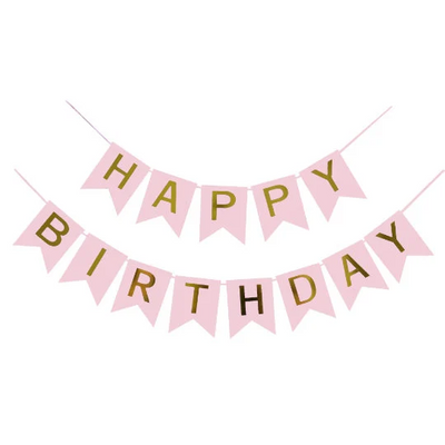 Pink And Gold  Happy Birthday Banner with Rose Gold Balloons