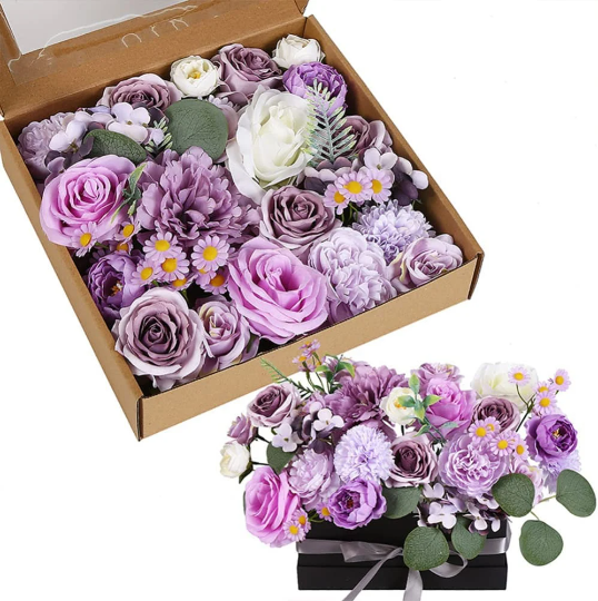 Purple Rose Artificial Flowers Combo Box Set for Wedding Bouquets
